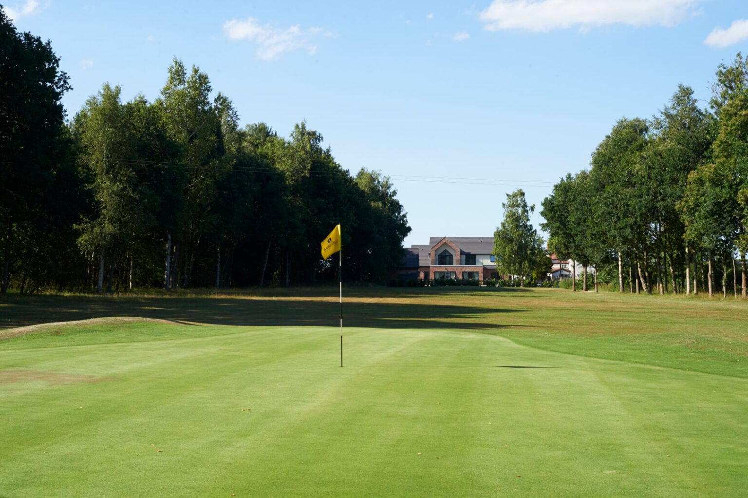 Golf course putting green with a yellow flag surrounded by trees at Mattishall Golf Club